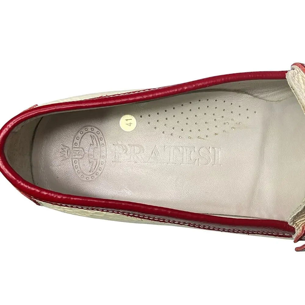 Vintage Pratesi Italy Loafers EU 41 Leather Colorblock Cream Red Buckle 80s 90s